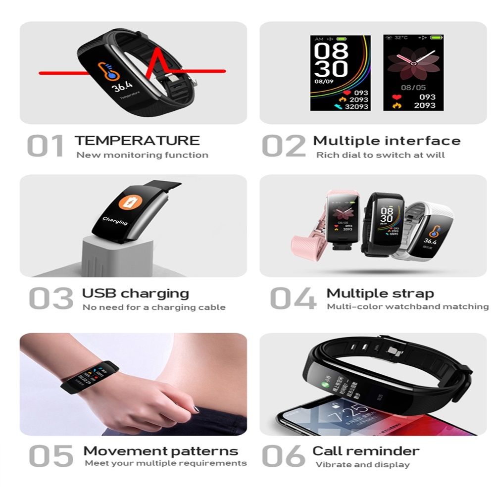 C6T 0.96inch Color Screen Smart Watch IP67 Waterproof,Support Temperature Monitoring/Heart Rate Monitoring/Blood Pressure Monitoring/Sleep Monitoring(Purple)
