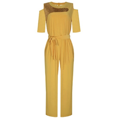 Embellished Cold Shoulder Jumpsuit - Yellow