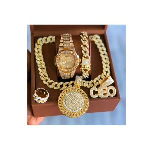 Studded Iced Out Solid Wristwatch + Iced Necklace, Rings & Bracelet For Ceo's