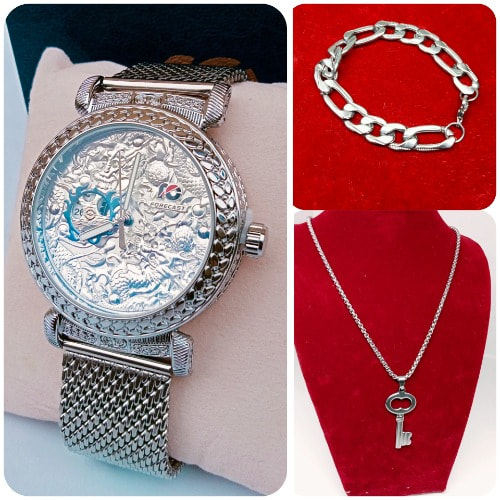 Men Wristwatch And Jewelry Set -Silver