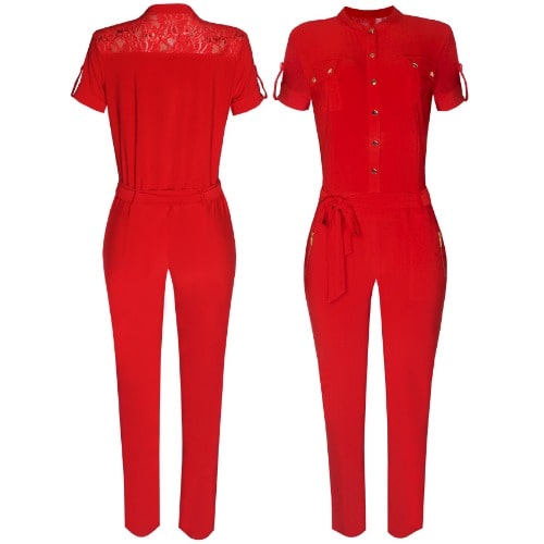 Lace Embellished Jumpsuit - Red