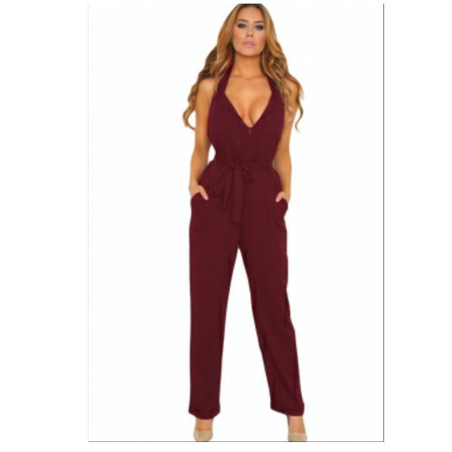 Emfed- Halter V Neck Zipped Front Jumpsuit