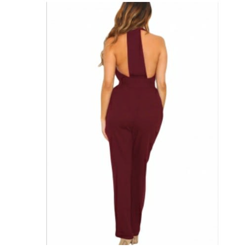 Emfed- Halter V Neck Zipped Front Jumpsuit
