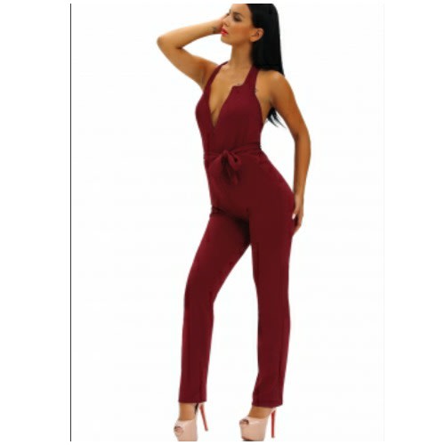 Emfed- Halter V Neck Zipped Front Jumpsuit