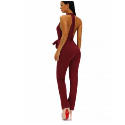 Emfed- Halter V Neck Zipped Front Jumpsuit
