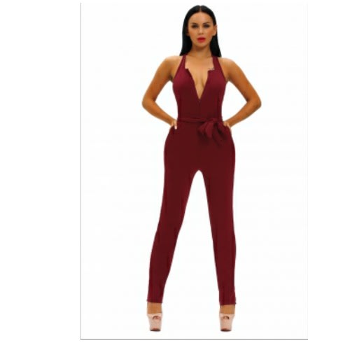 Emfed- Halter V Neck Zipped Front Jumpsuit