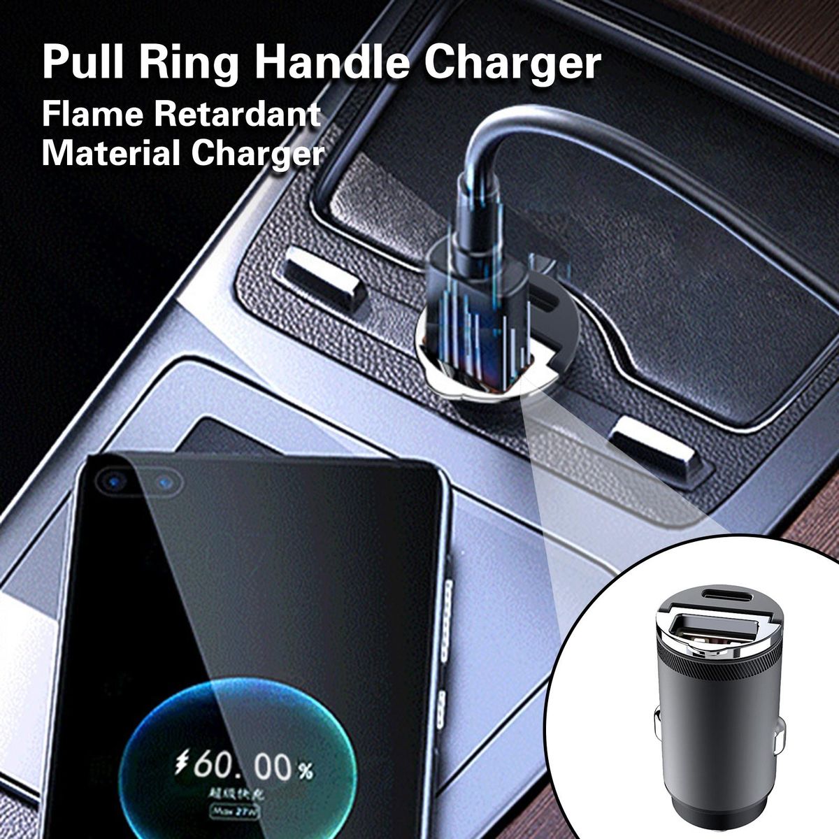 Super Fast 30w Mini Car Charger with Pdqc3.0 Easy Extract Pull Ring Black