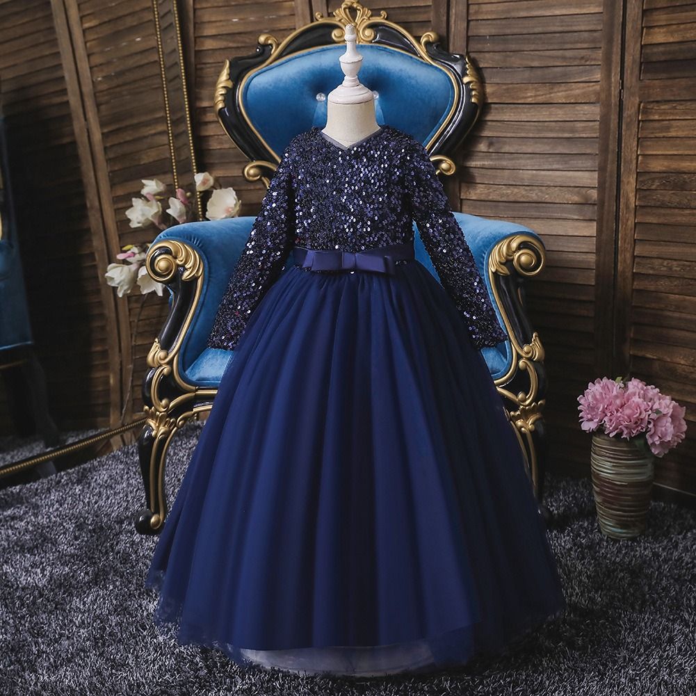 GIRL LUXURY SHIMMER L/S LONG GOWN - NAVY BLUE- G90