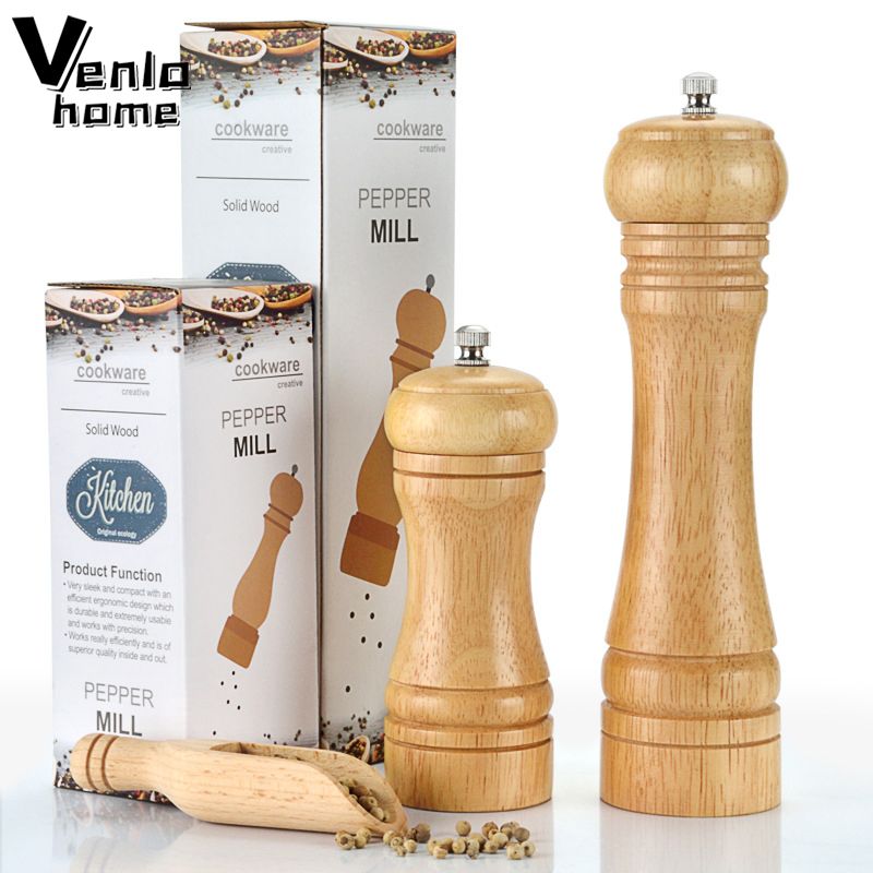 （5 Inch No Box）Natural Oak Wood Pepper Spice Mill Grinder Handheld Seasoning Mills Grinder Spice Milling Machine Adjustable Wood Pepper Shakers GRE