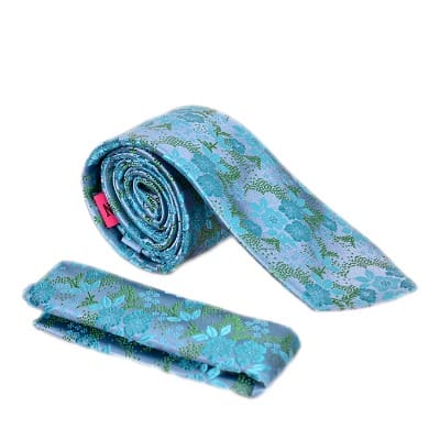 Vintage Floral Tie And Pocket Square- Turquiose Blue