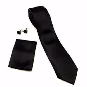 Men's Plain Tie, Cuff Links & Pocket Square - Black