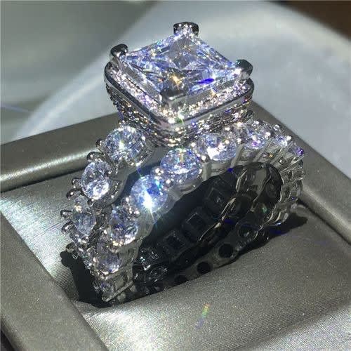 2-Piece Non-fade Sterling Silver Stoned Wedding Ring Set