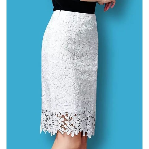 High Waist Hollow Out Lace Pencil Skirt - White