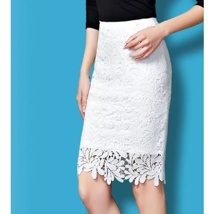 High Waist Hollow Out Lace Pencil Skirt - White