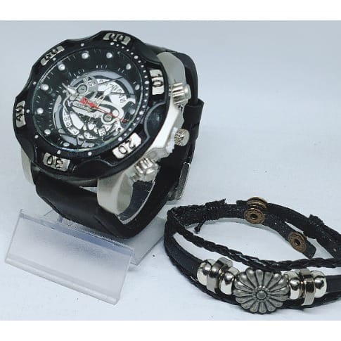 Men Leather Wristwatch + Free Bracelet