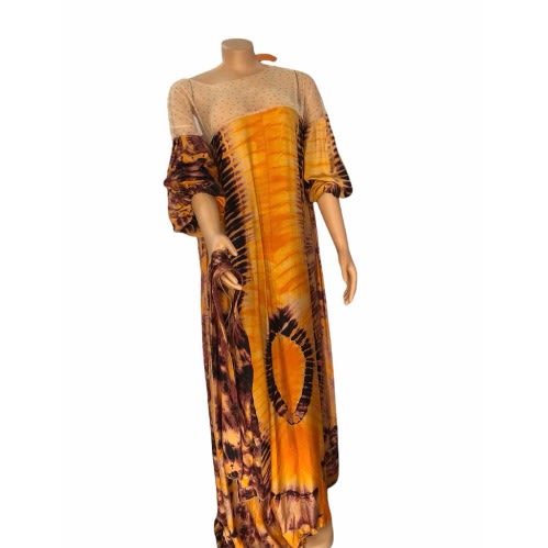 Women African Adire Bubu With Sheer Net Detail And Scarf
