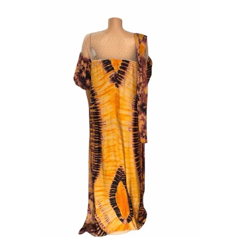Women African Adire Bubu With Sheer Net Detail And Scarf
