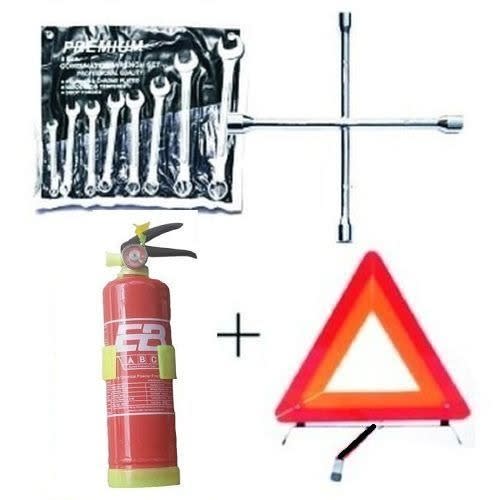 Car Safety Fire Extinguisher + Wheel Spanner + 8 Pcs Flat & Ring Spanner + C-caution Sign
