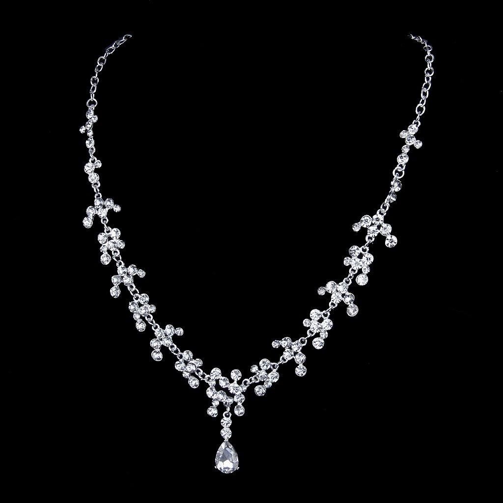 Wedding Bridal Rhine Neck Dangle Earrings Set Clip