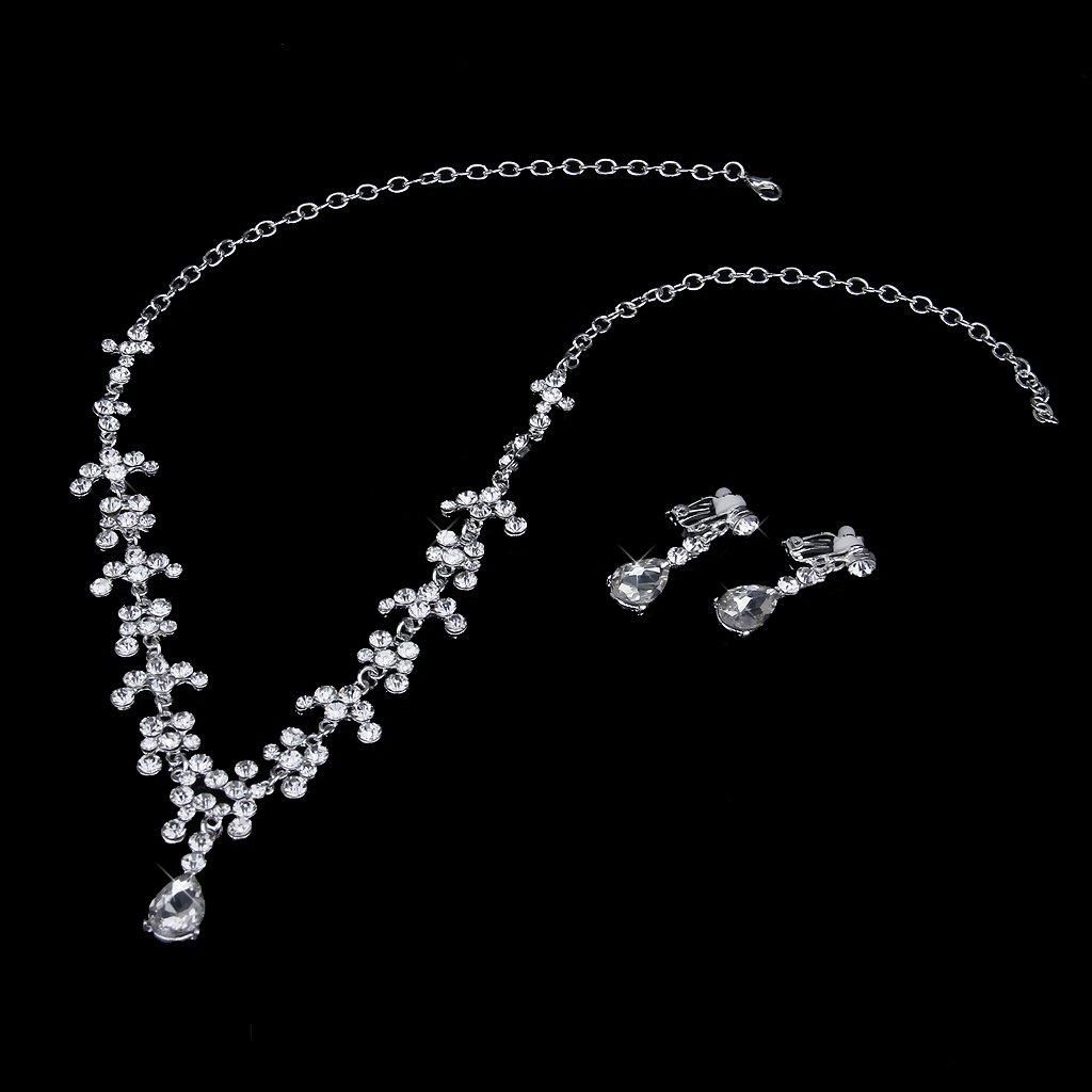 Wedding Bridal Rhine Neck Dangle Earrings Set Clip