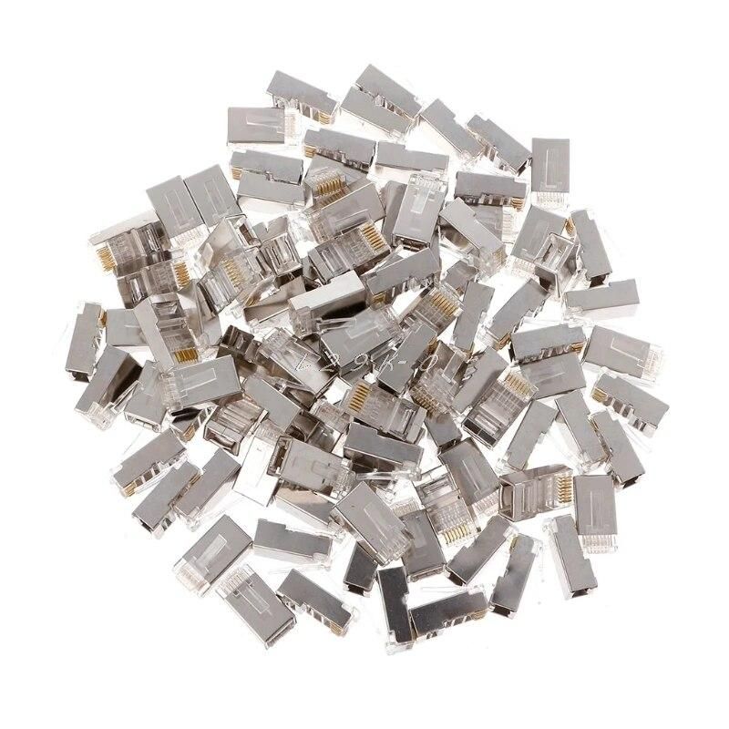 100Pcs 8-Pin Crimping Tool RJ45 8P8C Shielded Stranded Crimp Cat6 Cable Modular Plug Connector Socket Network Kit