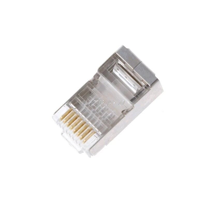 100Pcs 8-Pin Crimping Tool RJ45 8P8C Shielded Stranded Crimp Cat6 Cable Modular Plug Connector Socket Network Kit