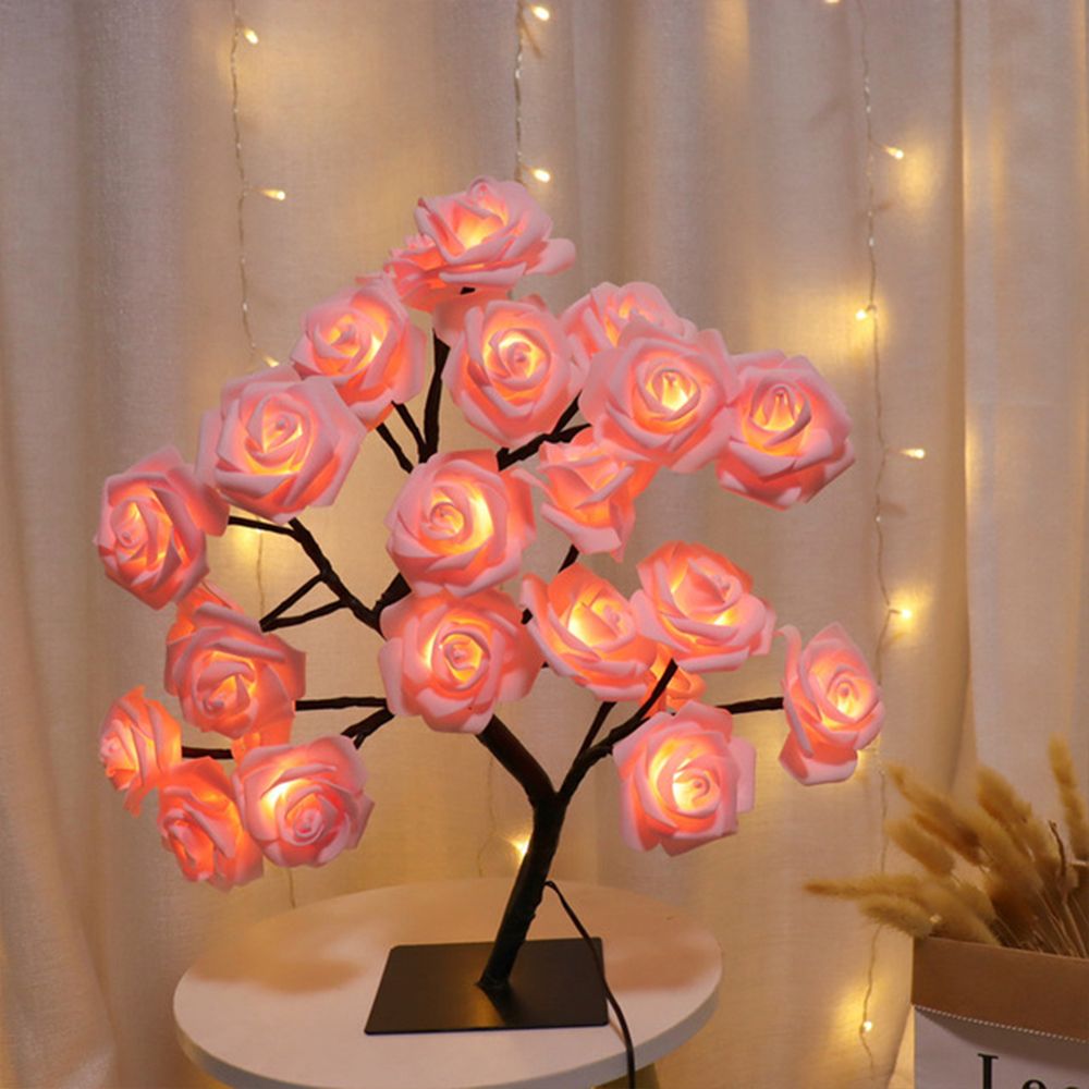 Rose Flower Tree Lamp Decorative Table Bedside-Pink