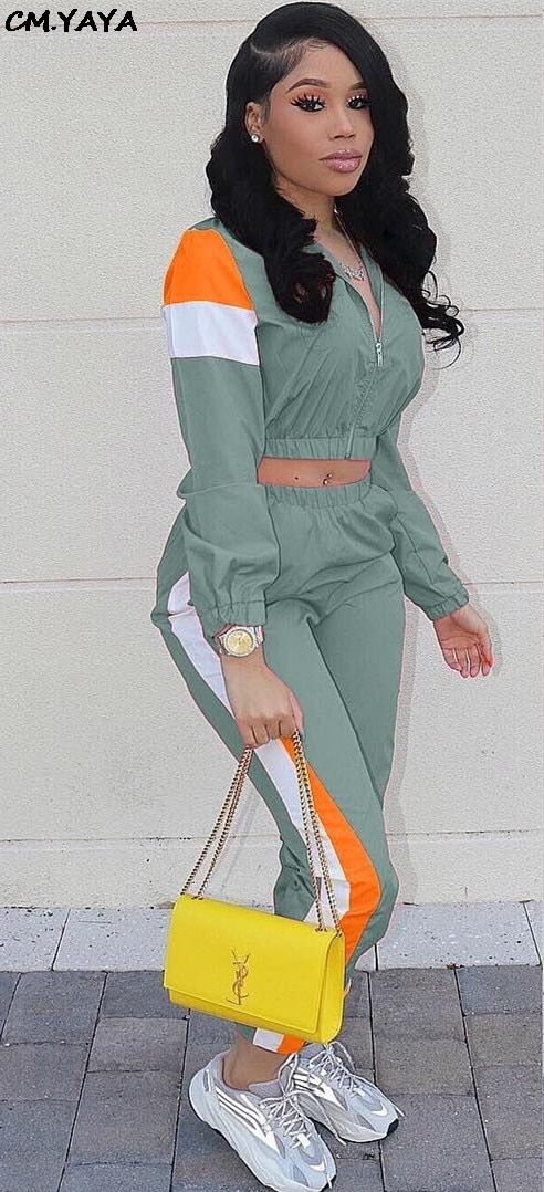 2019 Women Colorful Patchwork Zipper Up Jackets Pencil Pants Suits Sporty Two Piece Tracksuit Outfit Casual 3 Color S-3XL LD8274（#Turquoise）