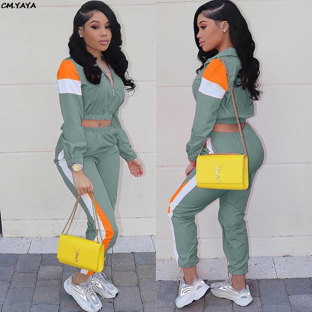 2019 Women Colorful Patchwork Zipper Up Jackets Pencil Pants Suits Sporty Two Piece Tracksuit Outfit Casual 3 Color S-3XL LD8274（#Turquoise）