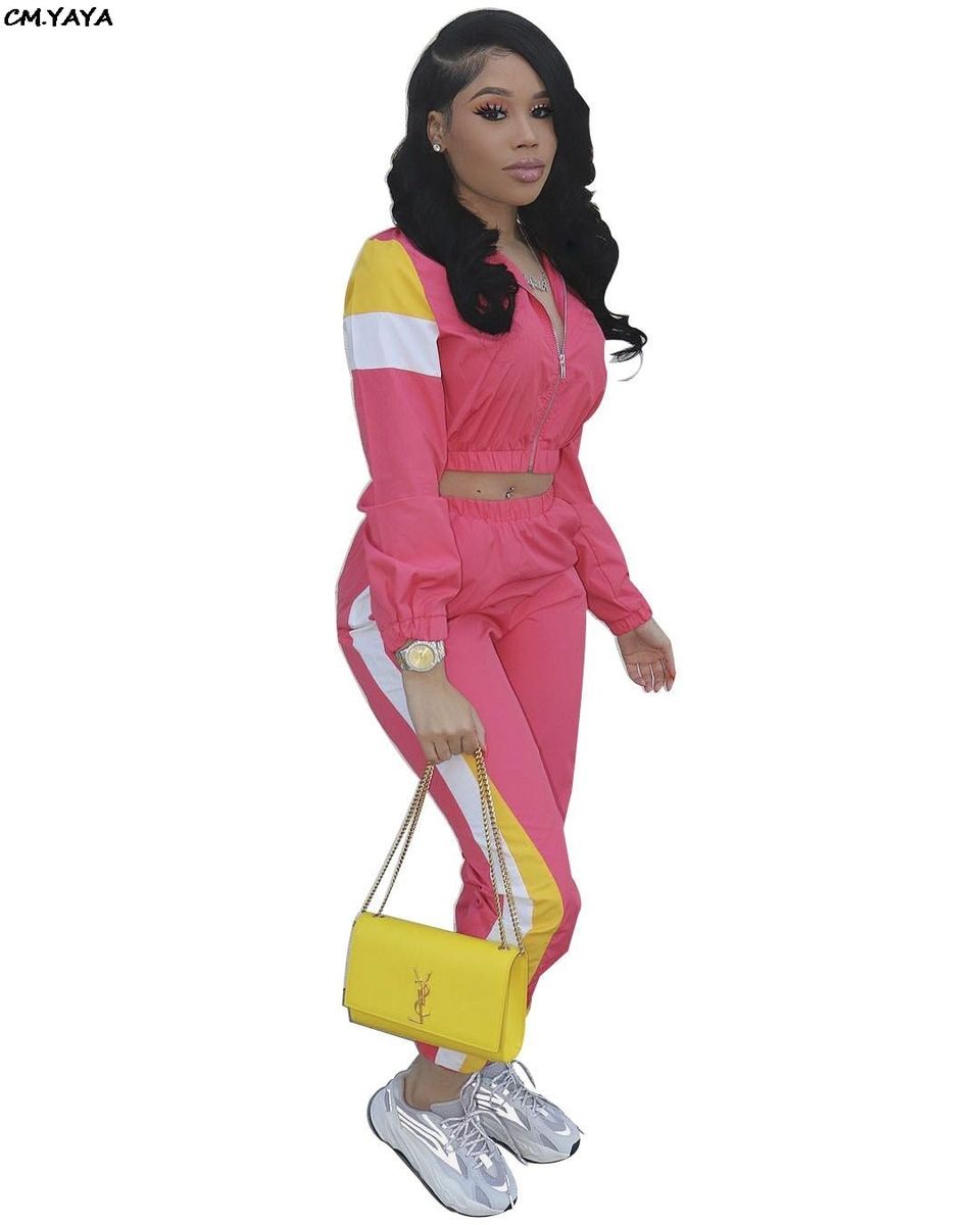 2019 Women Colorful Patchwork Zipper Up Jackets Pencil Pants Suits Sporty Two Piece Tracksuit Outfit Casual 3 Color S-3XL LD8274（#Turquoise）