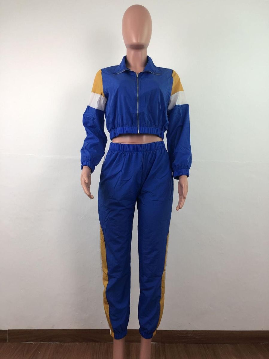 2019 Women Colorful Patchwork Zipper Up Jackets Pencil Pants Suits Sporty Two Piece Tracksuit Outfit Casual 3 Color S-3XL LD8274（#Turquoise）