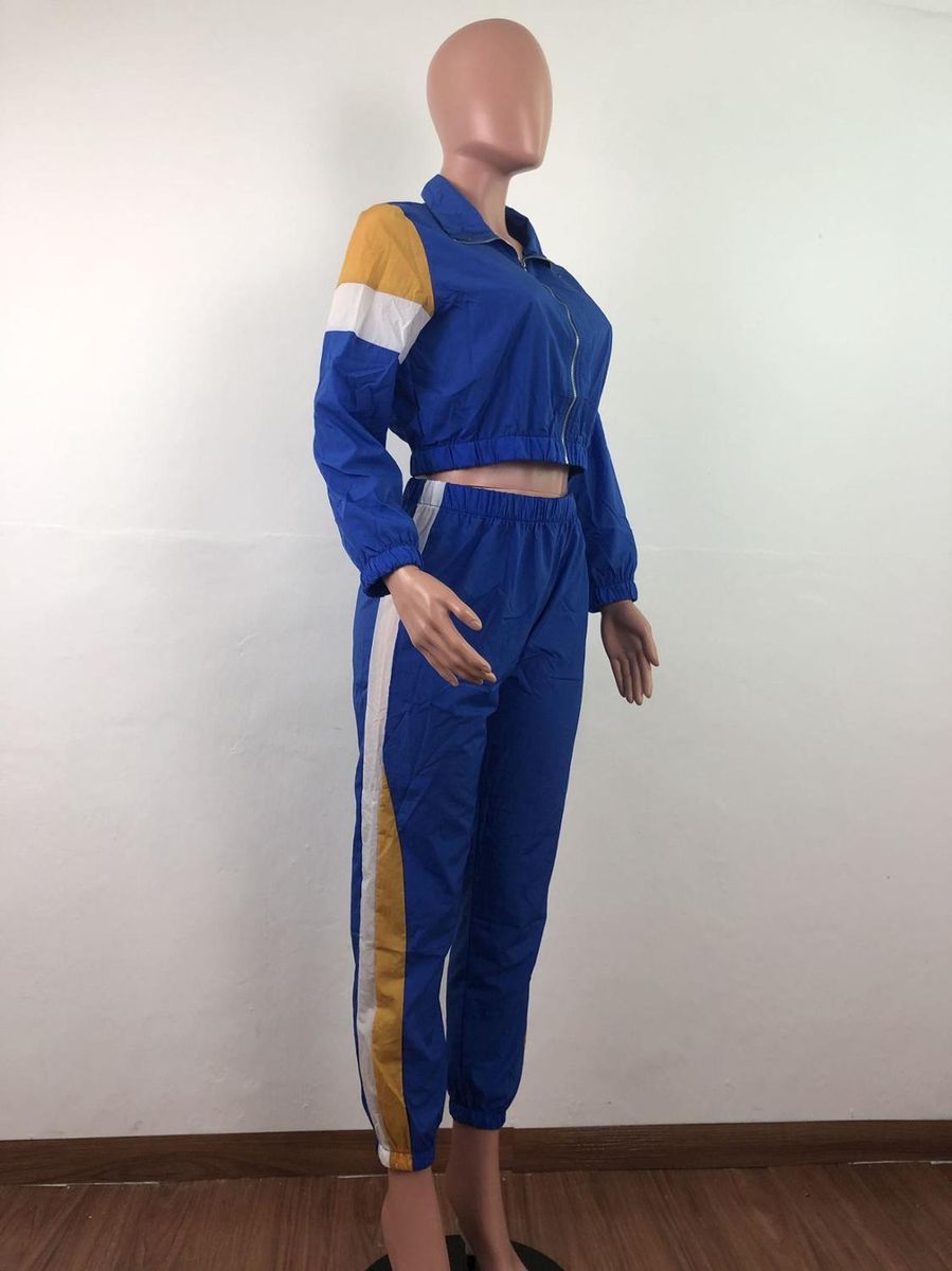 2019 Women Colorful Patchwork Zipper Up Jackets Pencil Pants Suits Sporty Two Piece Tracksuit Outfit Casual 3 Color S-3XL LD8274（#Turquoise）