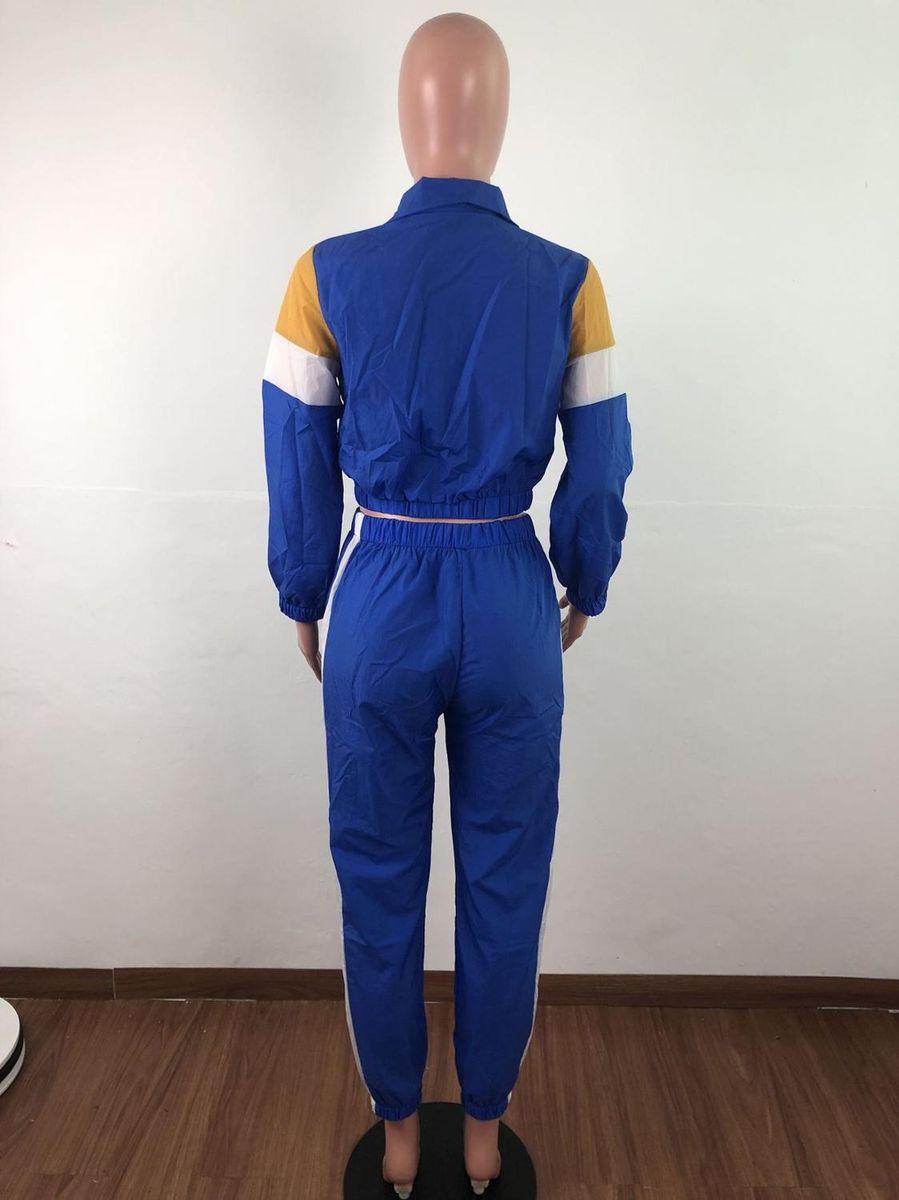2019 Women Colorful Patchwork Zipper Up Jackets Pencil Pants Suits Sporty Two Piece Tracksuit Outfit Casual 3 Color S-3XL LD8274（#Turquoise）
