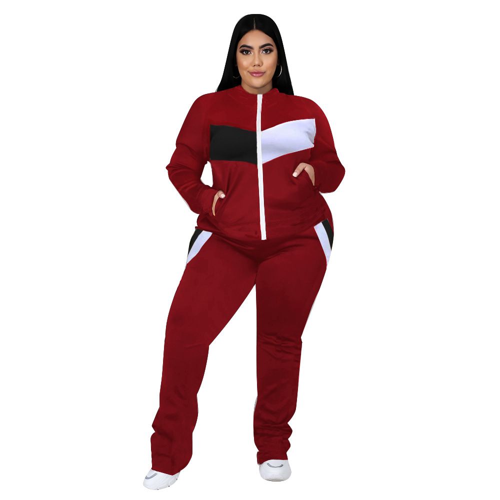 Patchwork Two Pieces Outfits Plus Size Women's Clothing Zipper Matching Set