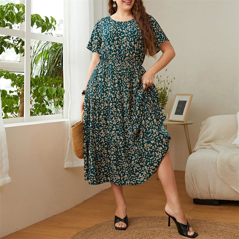 3229 XL-4XL Round Neck Short Sleeves Plus Size Dress Green