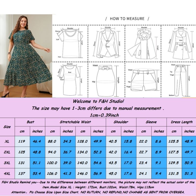 3229 XL-4XL Round Neck Short Sleeves Plus Size Dress Green