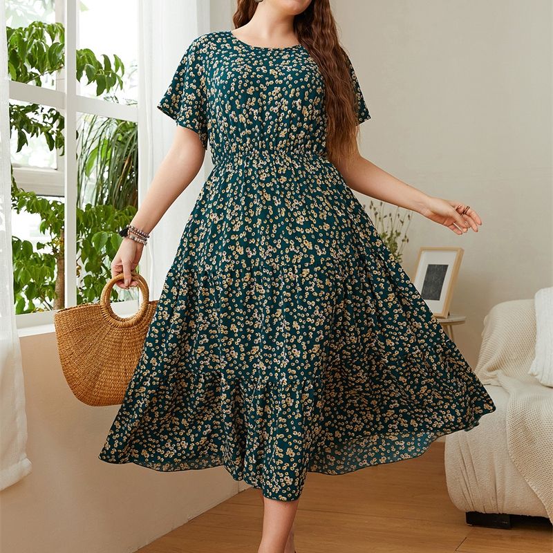 3229 XL-4XL Round Neck Short Sleeves Plus Size Dress Green