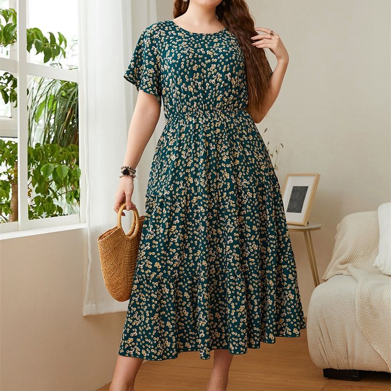 3229 XL-4XL Round Neck Short Sleeves Plus Size Dress Green