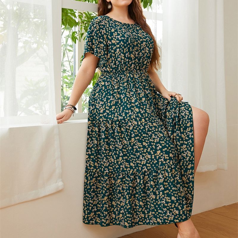3229 XL-4XL Round Neck Short Sleeves Plus Size Dress Green