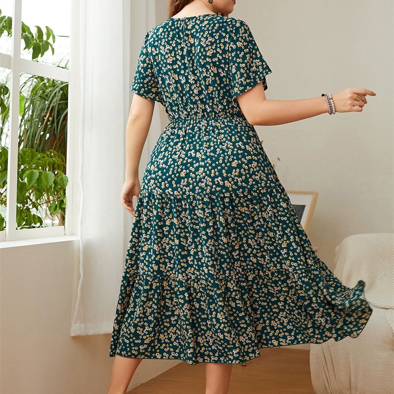 3229 XL-4XL Round Neck Short Sleeves Plus Size Dress Green