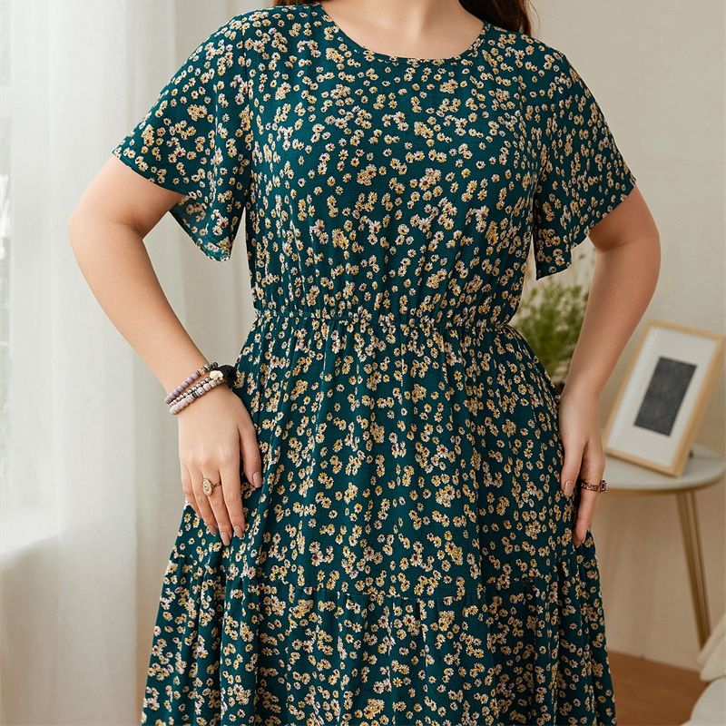 3229 XL-4XL Round Neck Short Sleeves Plus Size Dress Green