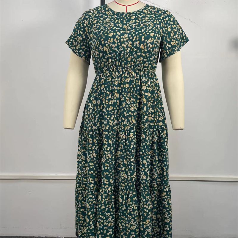 3229 XL-4XL Round Neck Short Sleeves Plus Size Dress Green