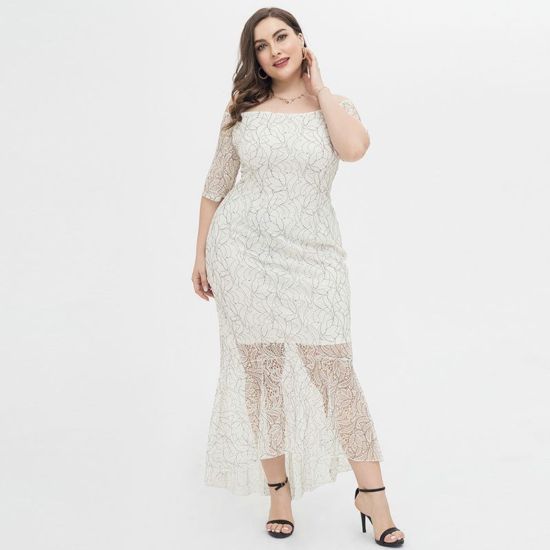 XL-4XL Women Off The Shoulder Lace Short Sleeve Plus Size Gown White 1923