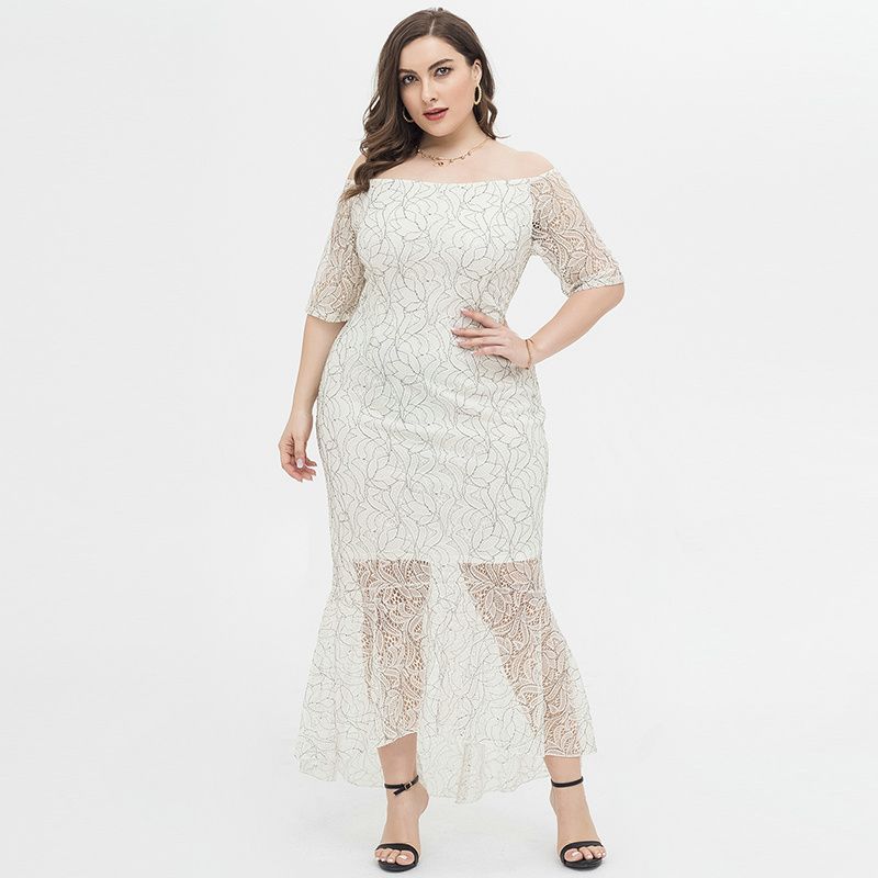 XL-4XL Women Off The Shoulder Lace Short Sleeve Plus Size Gown White 1923