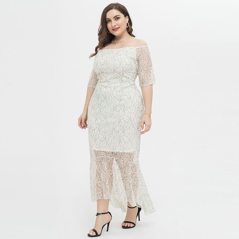 XL-4XL Women Off The Shoulder Lace Short Sleeve Plus Size Gown White 1923