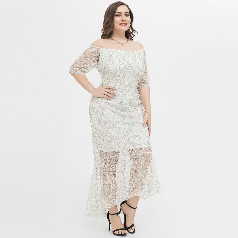 XL-4XL Women Off The Shoulder Lace Short Sleeve Plus Size Gown White 1923