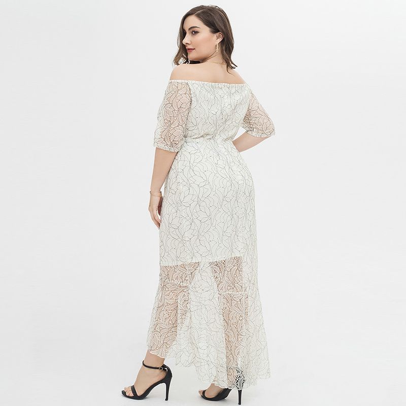XL-4XL Women Off The Shoulder Lace Short Sleeve Plus Size Gown White 1923