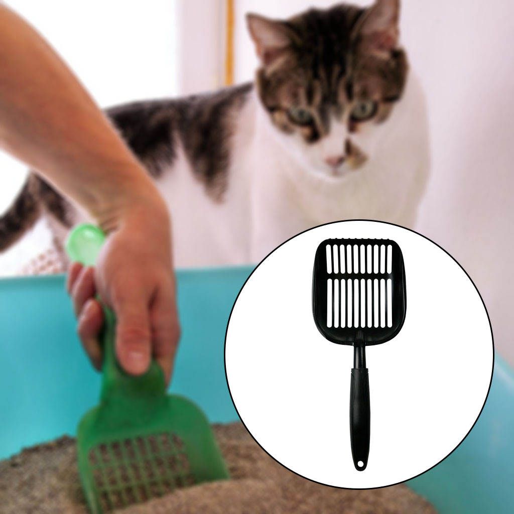 Metal Cat Litter Box Scoop Wide Poop Picker With Long Non-Slip Handle Black Deep Shovel-Vertical Hole