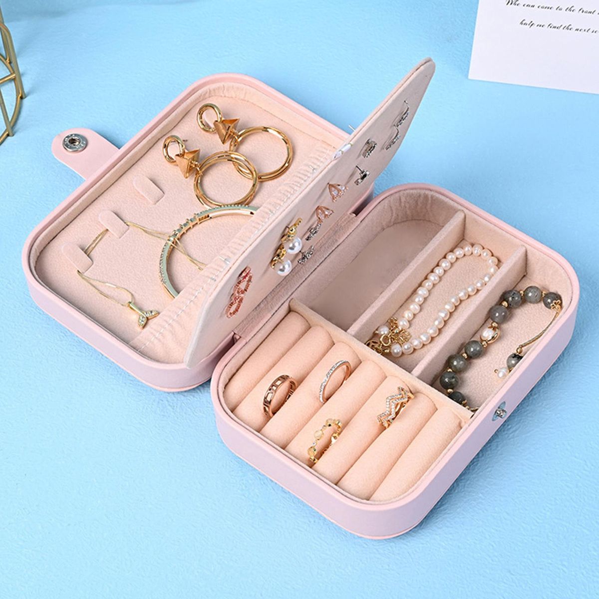 Portable Jewelry Earring Necklace Plate Organizer Box Pink