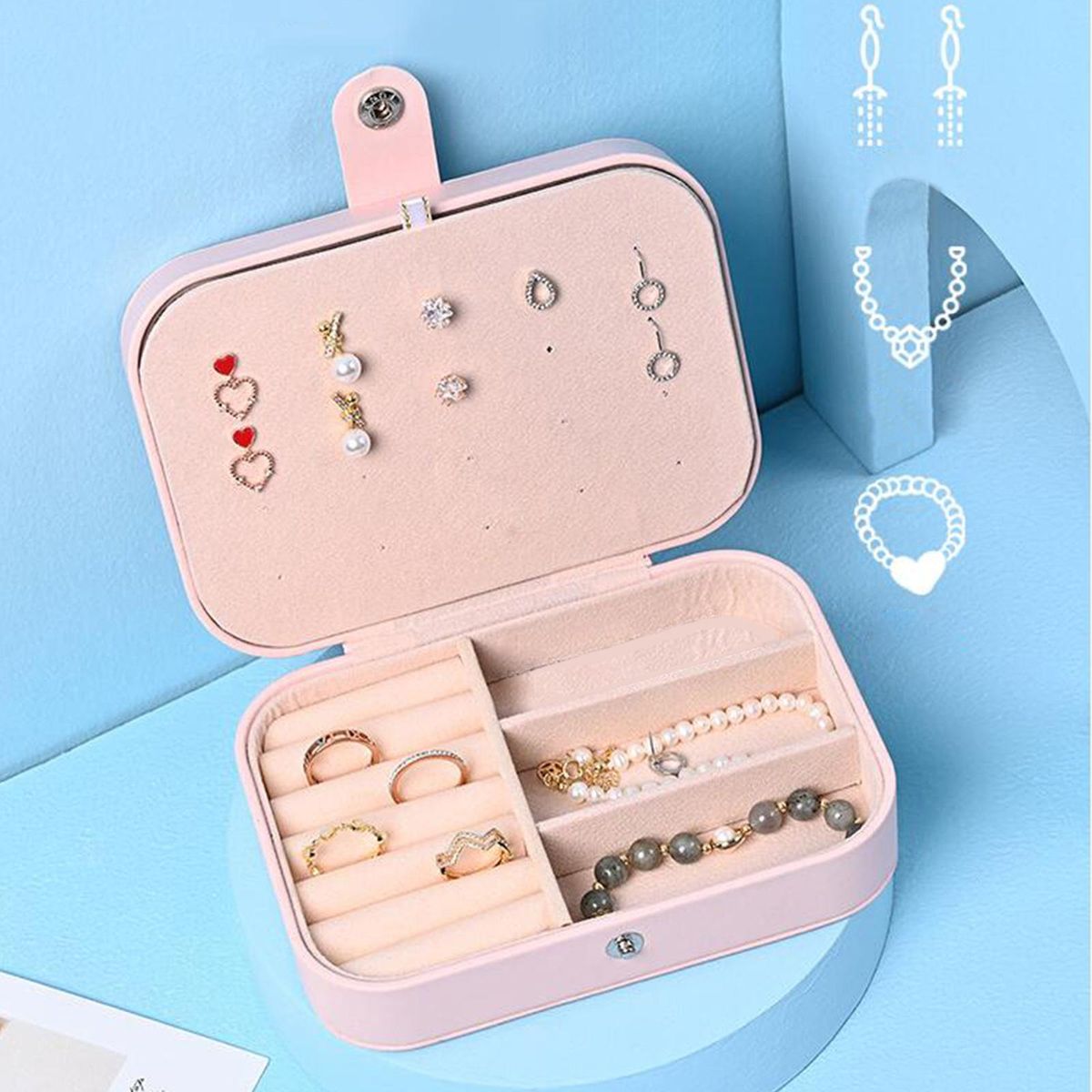 Portable Jewelry Earring Necklace Plate Organizer Box Pink